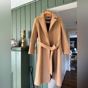 ZARA BLOGGER FAVE Manteco Camel Tan Belted Wrap Trench Coat size Small